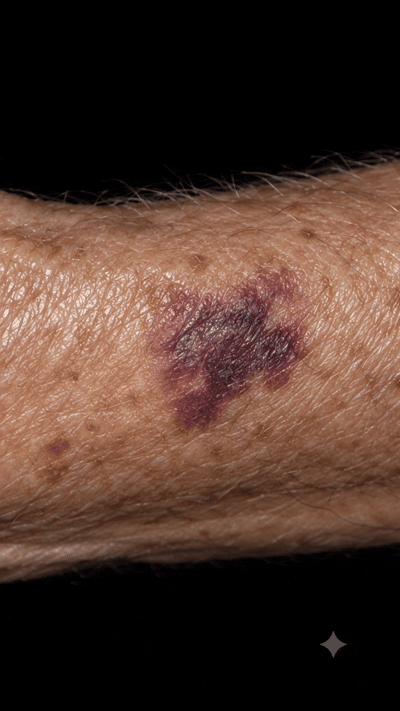 Peau mature avec une tache violette visible